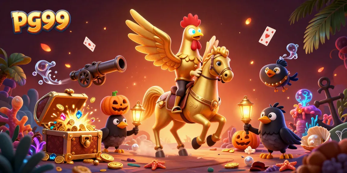 Experience excitement at pg99 with a whimsical golden rooster and friends vibrant 3D casino illustration.