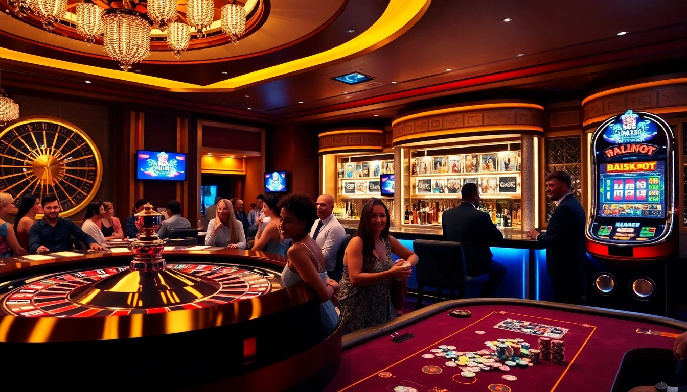 Gambling excitement at mm88.press with a vibrant casino scene featuring roulette and poker tables.