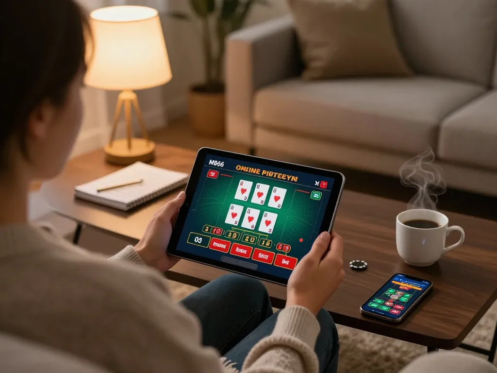 Engaging in online casino gaming at home with MB66 on a tablet, showcasing a live dealer interface and strategic elements