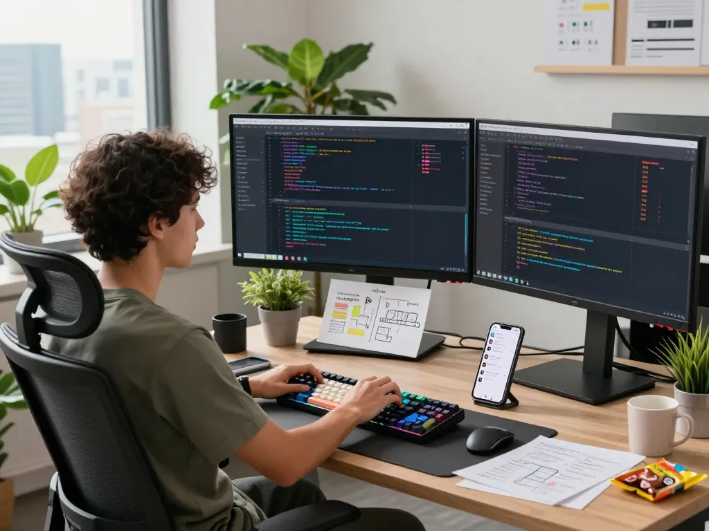 Moltbot AI assistant in action at a modern tech workspace with multiple monitors and supportive tools.