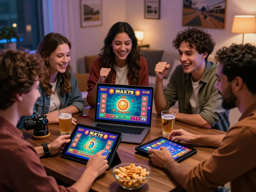 Excited players enjoying MAX79 game Tài Xỉu in a lively home setting