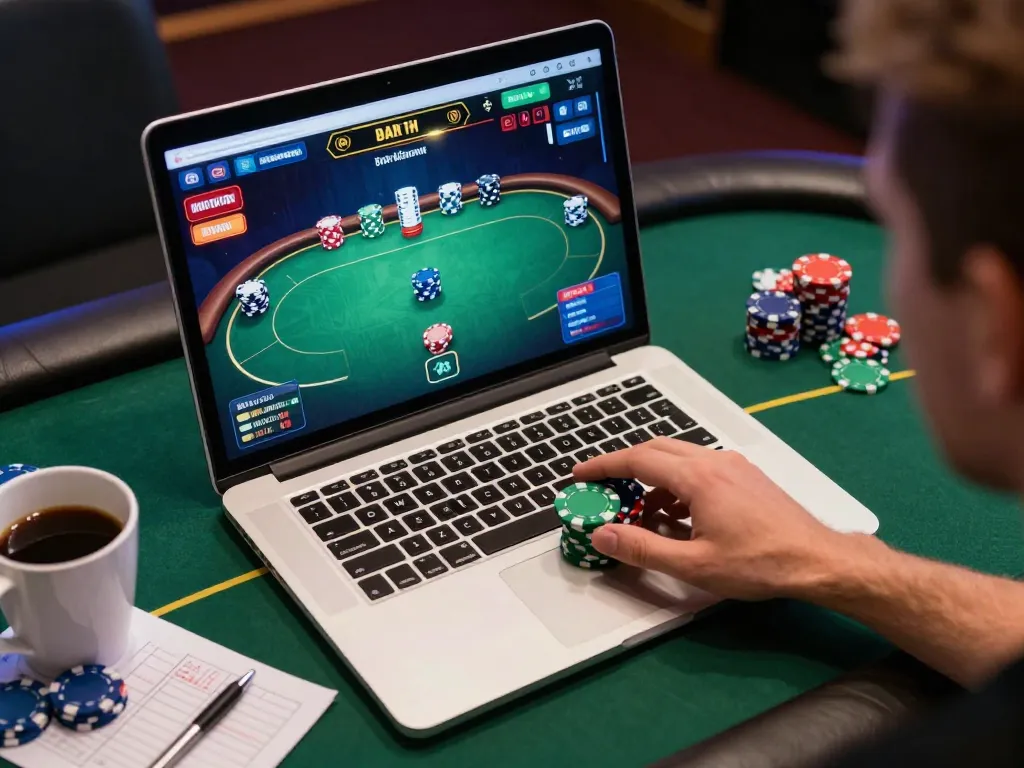 Play online poker with hello 88 on a laptop, showcasing vibrant game interface and player excitement.