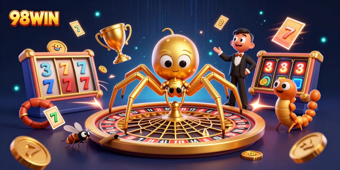 Bet on an exciting 98WIN roulette game as a golden spider spins its web amidst thrilling casino elements.
