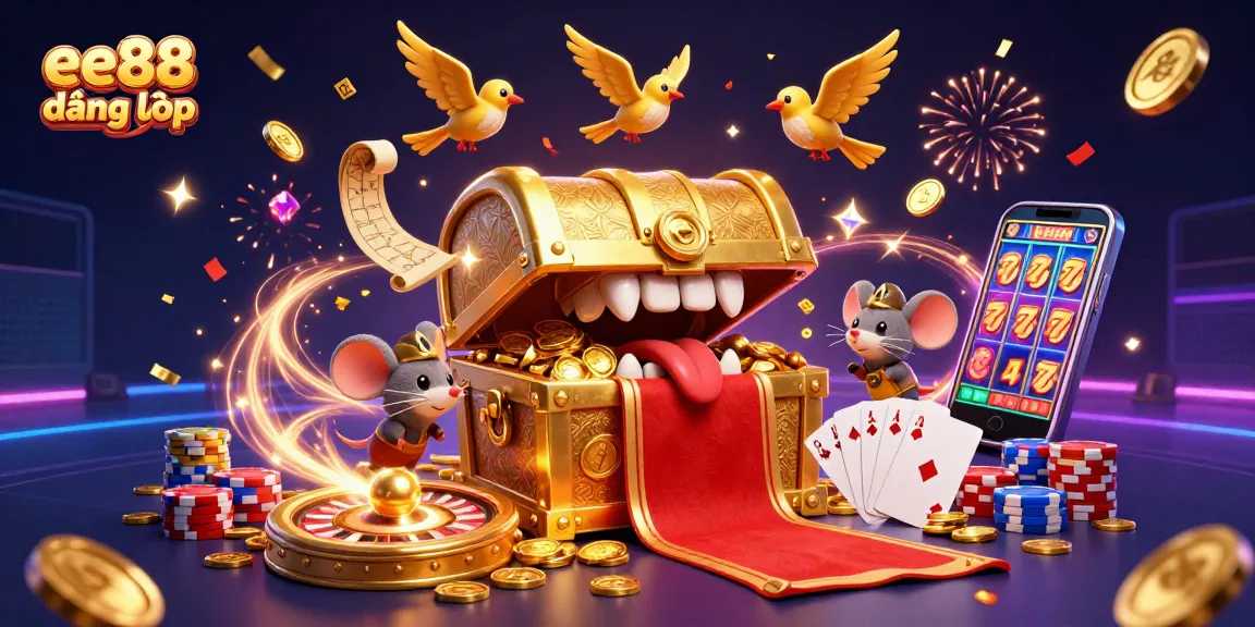 Engage with ee88 đăng nhập featuring a captivating golden treasure chest and casino elements.