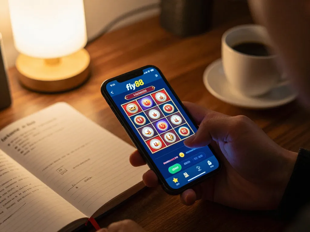 Experience exciting gameplay with fly88 on mobile, featuring vibrant casino app interface and cozy gaming setup.
