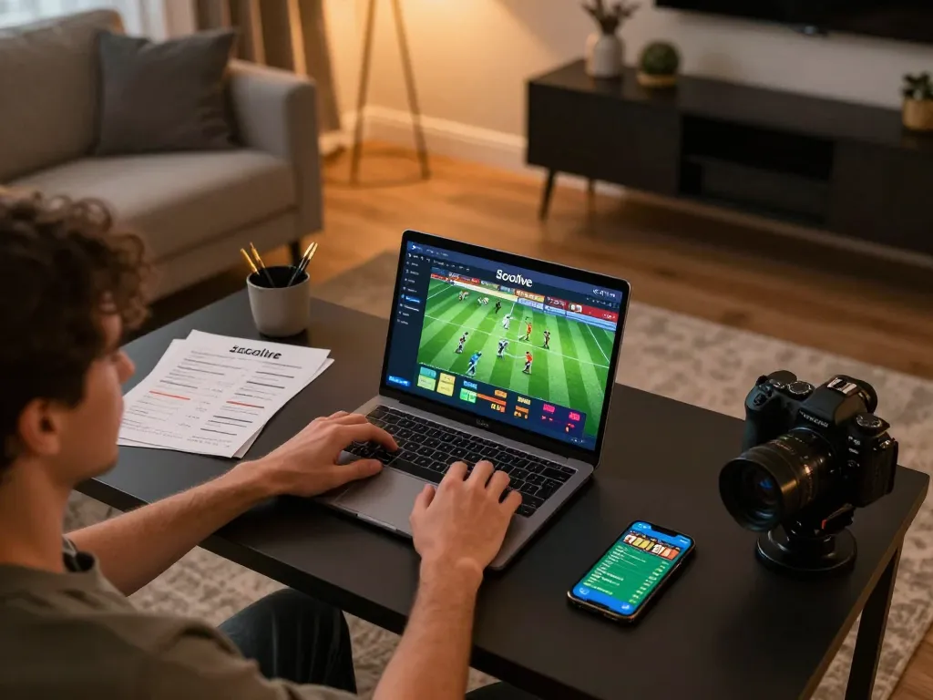 Socolive enhances online football betting experience with modern gaming setup featuring laptop and smartphone.