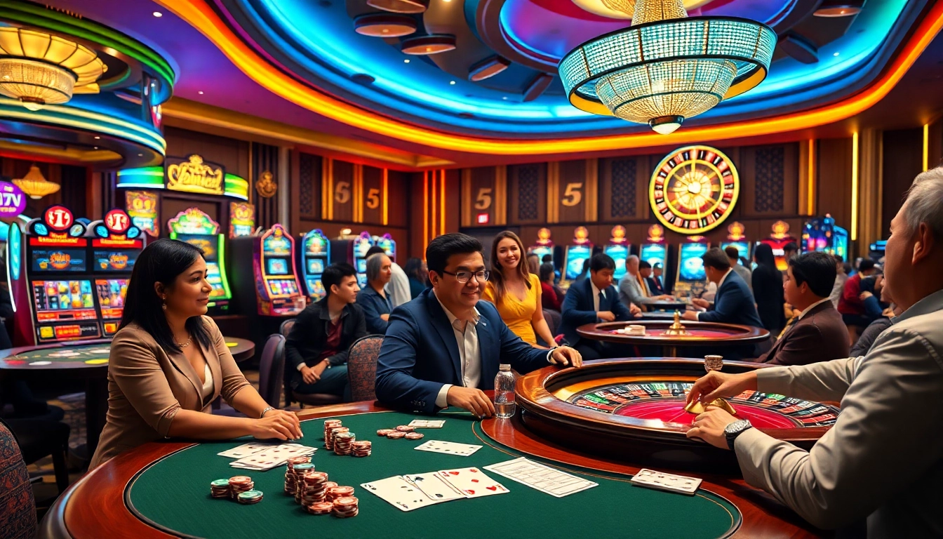 Players enjoying the thrilling atmosphere of 69vn casino with vibrant slot machines and poker tables.