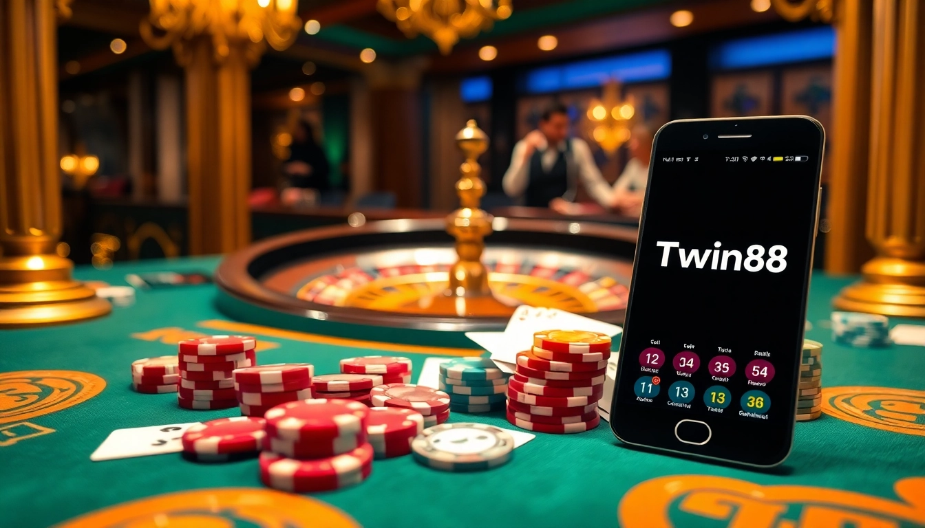 Experience the excitement of tải twin68 with engaging casino visuals featuring poker chips, dice, and a roulette wheel.