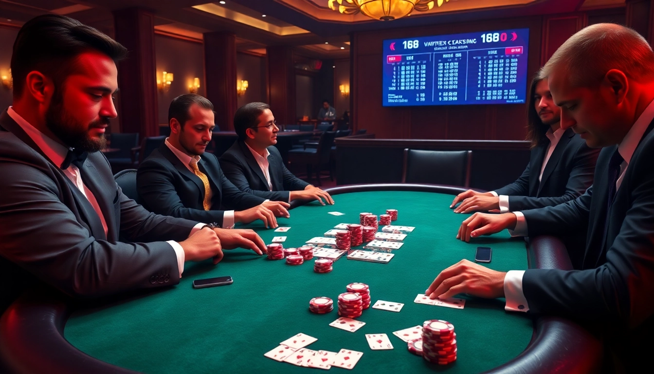 Players strategizing at F168 casino poker table with vibrant chips and cards.