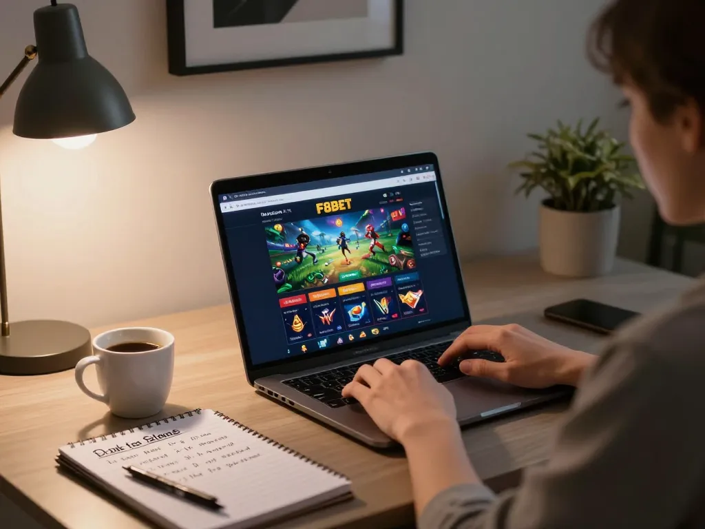 Engaging with F8BET online casino on a stylish laptop, showcasing a personalized gaming setup.