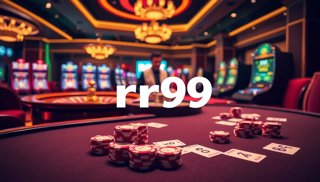 Engaging poker scene showcasing rr99 poker chips amidst vibrant gambling action.