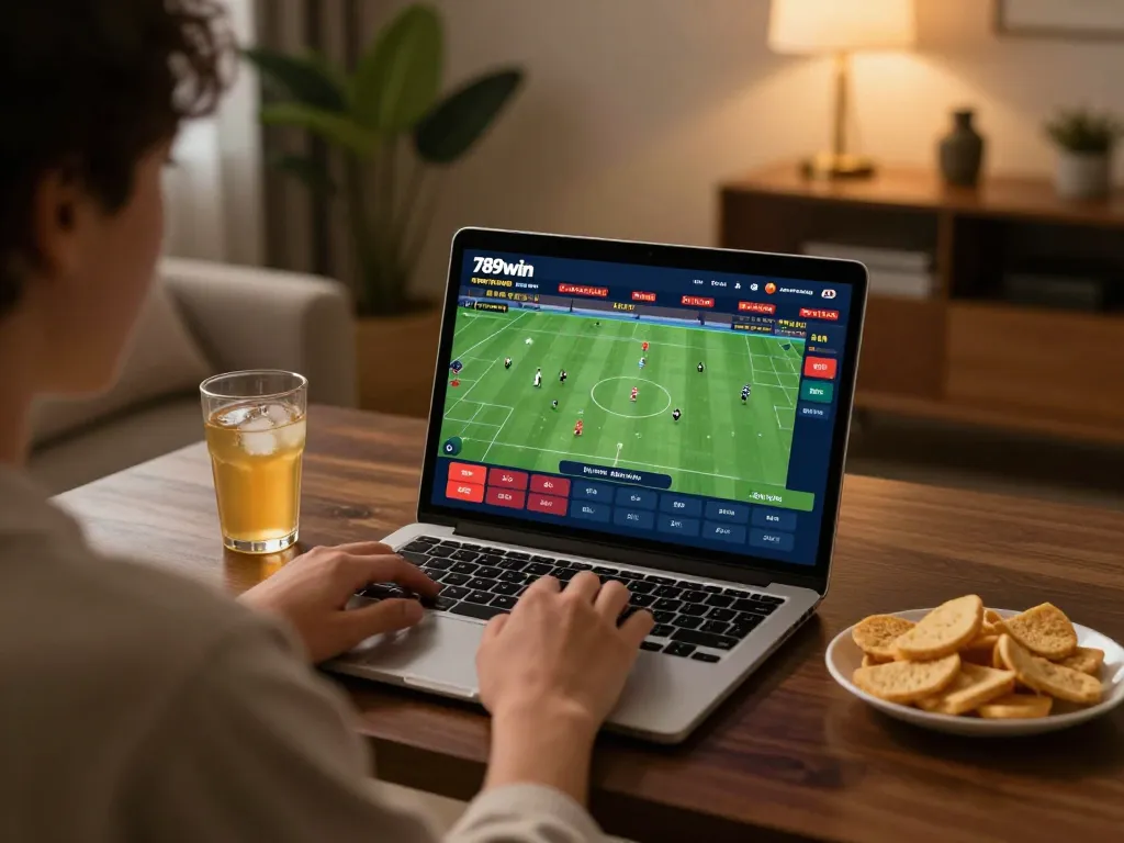 Engaging with the 789win betting app in a cozy home setup.