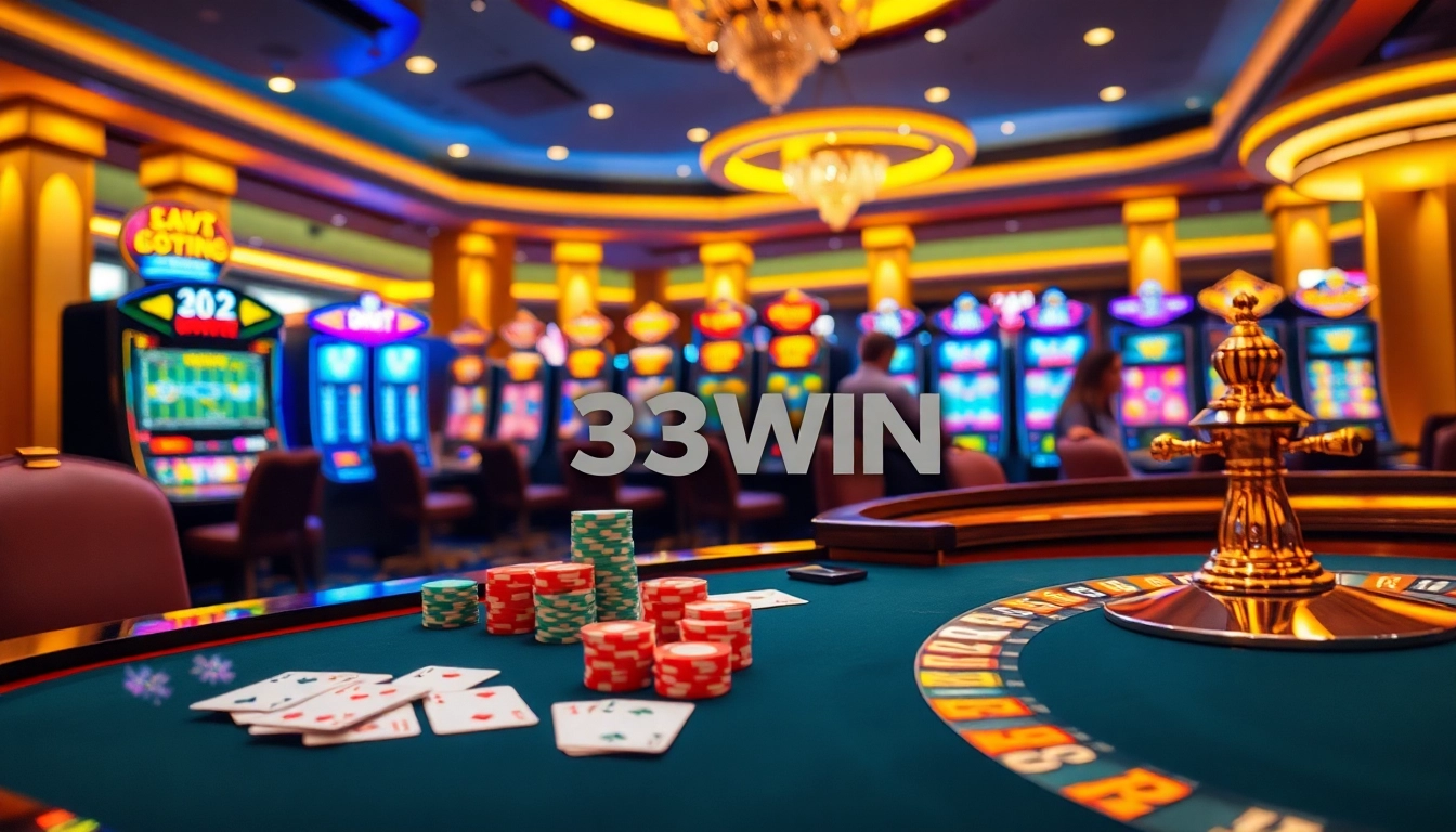 Engaging scene of professional gamblers playing poker and roulette at a luxurious casino with 33WIN branding visible.