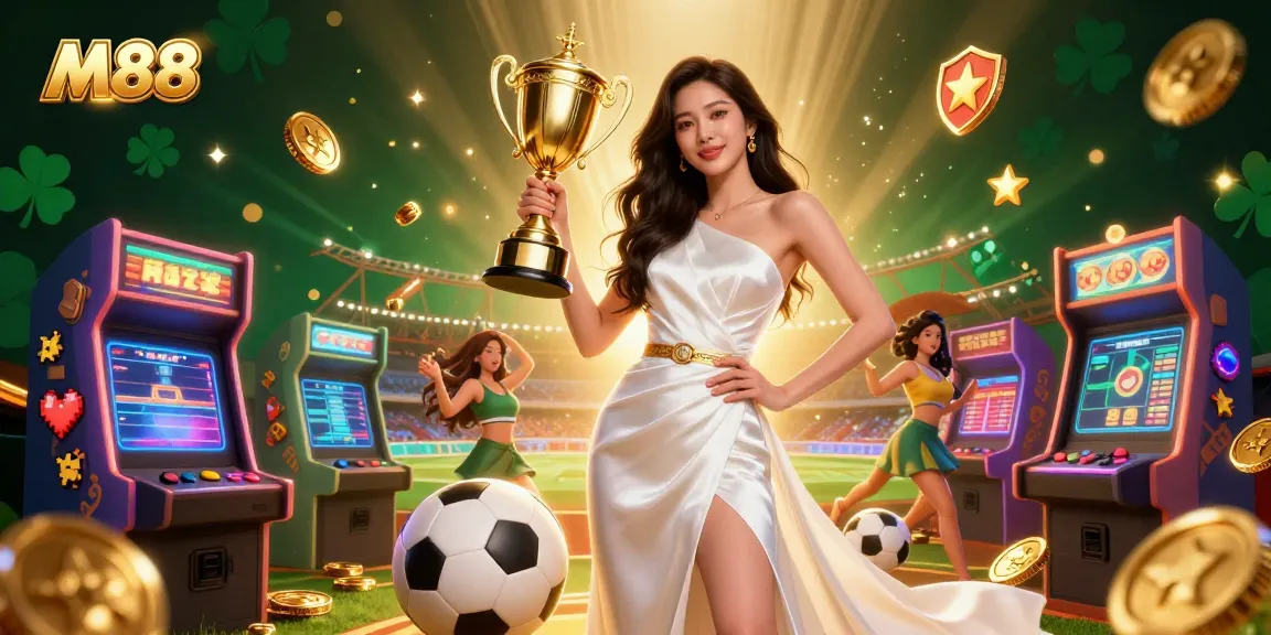 Experience the thrill of M88 sports betting with a triumphant Asian woman celebrating victory in a casino-themed illustration.