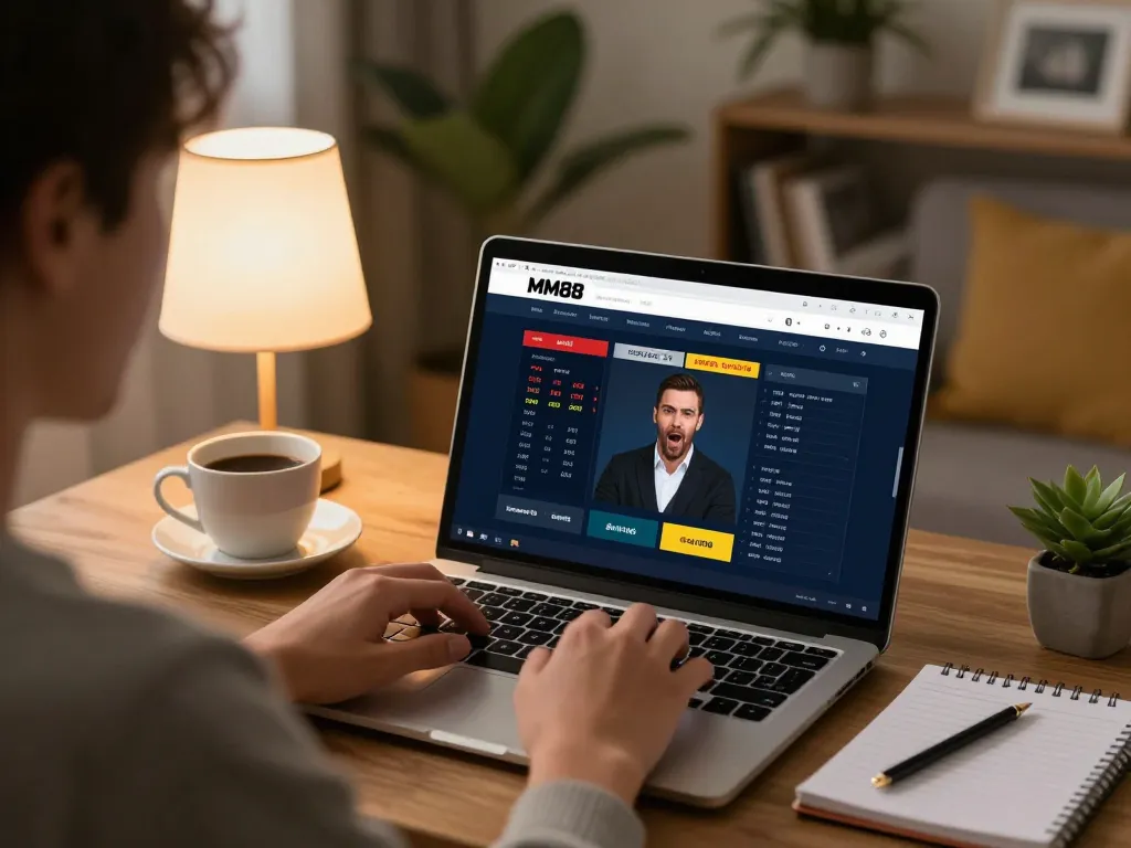 Person analyzing betting odds on MM88 laptop in a cozy home setting