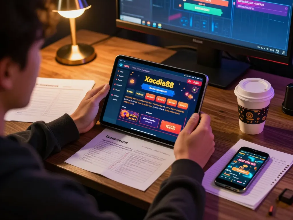 Xocdia88 player engaged in online gaming, surrounded by strategy notes and a cozy atmosphere.