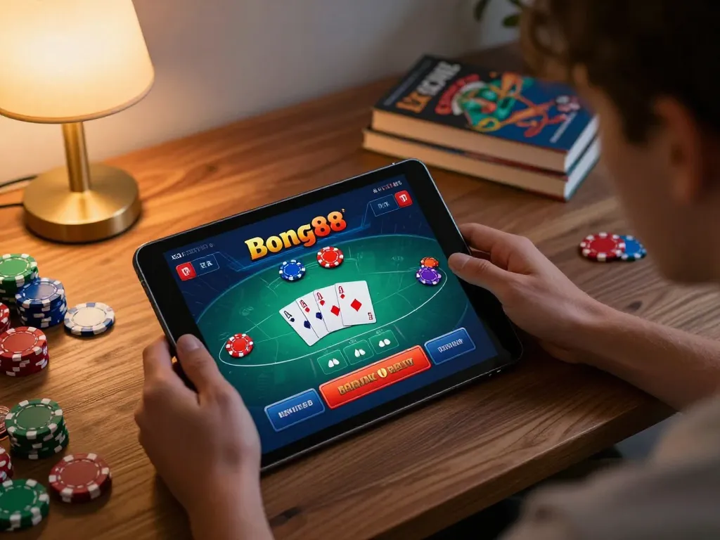 Bong88 poker gameplay on a tablet highlights strategy in a cozy home setting.