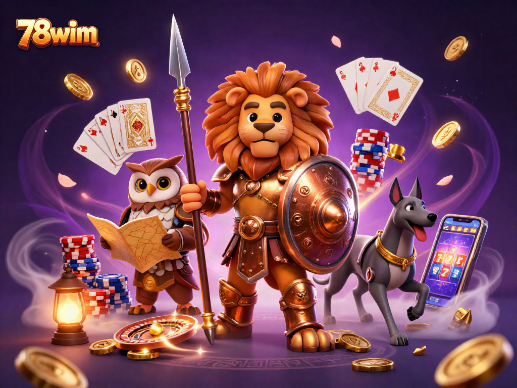 Experience the thrilling 78wim gaming adventure with a bronze Spartan lion, colorful chips, and spinning roulette.