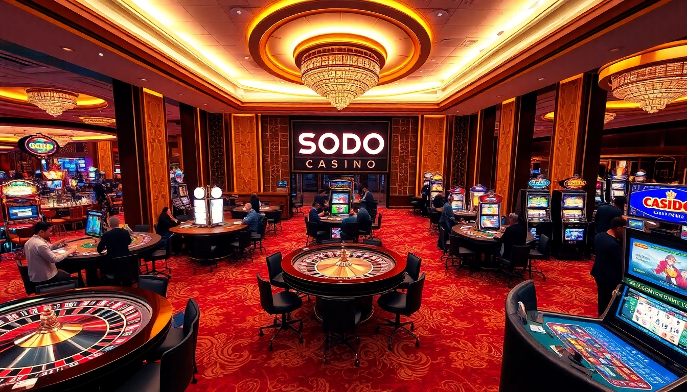 SODO CASINO lively scene featuring roulette wheel, poker tables, and engaged players enjoying gambling.