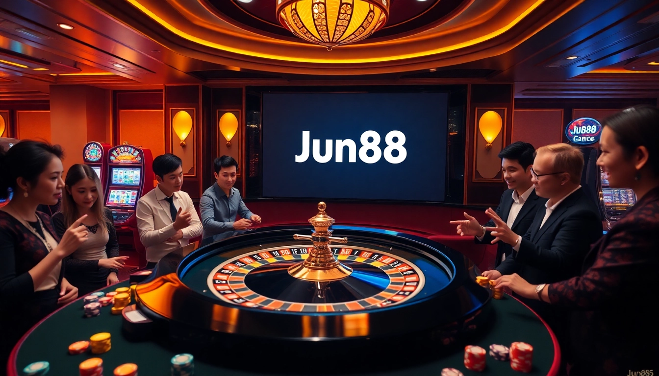 Excited gamblers playing at a luxurious roulette table with Jun88 branding visible.