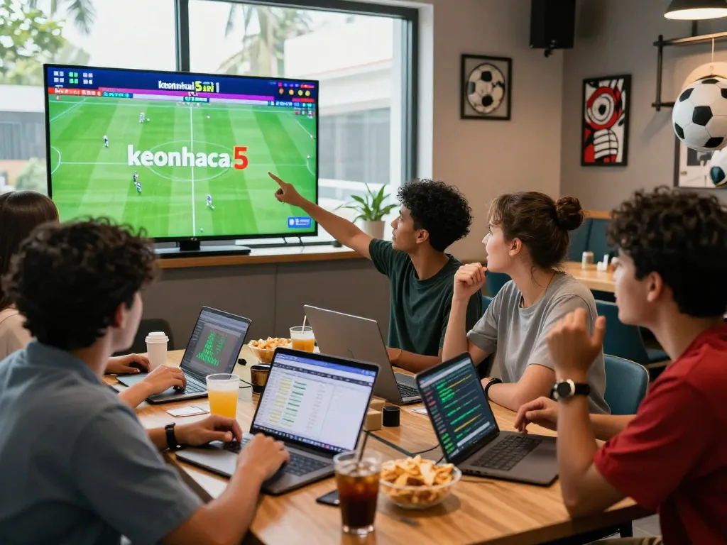 Dynamic football betting scene at a sports lounge with keonhacai5 displayed prominently during live matches.