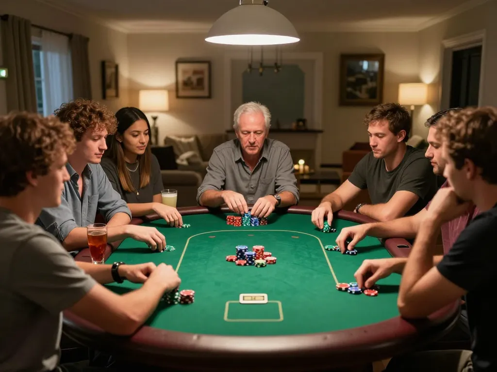 Engaged friends playing poker at home, showcasing the vibrant poker scene and strategy at go8.com.