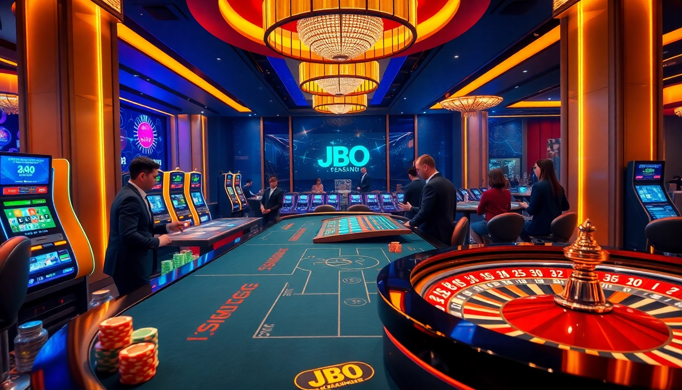 JBO live betting action at a glamorous casino table filled with vibrant poker chips and dealers.