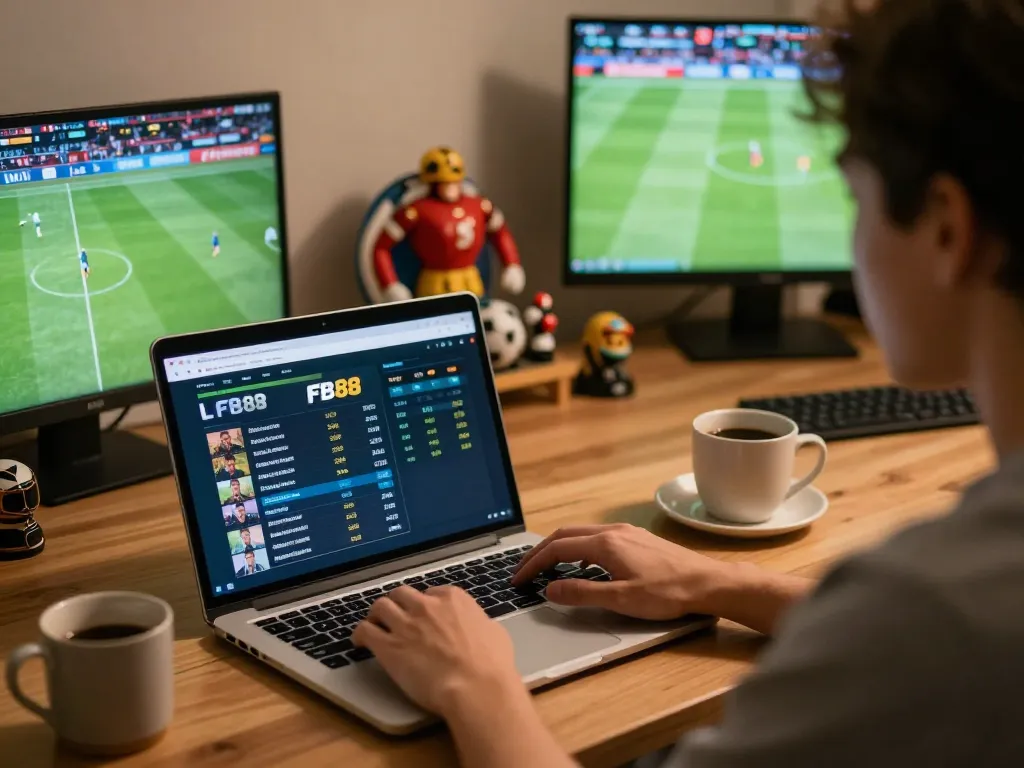 Person engaged in sports betting on FB88 with live odds displayed on laptop.