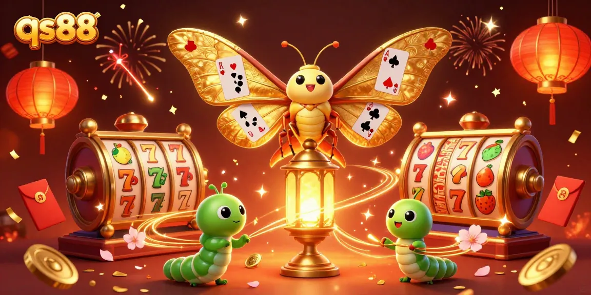 Engage with qs88's enchanting 3D casino scene, showcasing a majestic moth and vibrant slot symbols.