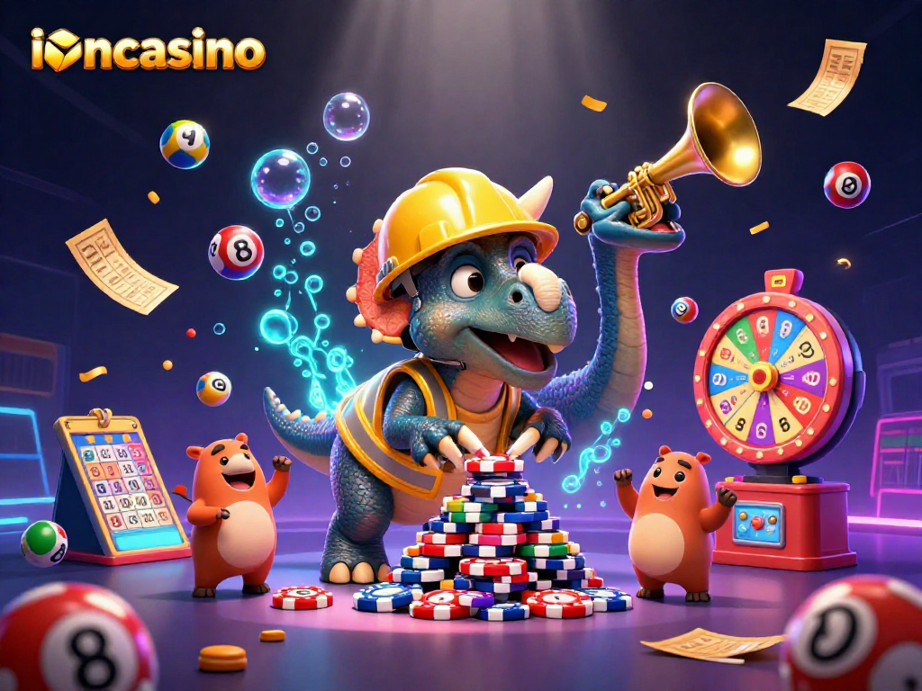 Bet on excitement at ioncasino with a triceratops building poker chip towers amidst cheery dinosaurs.