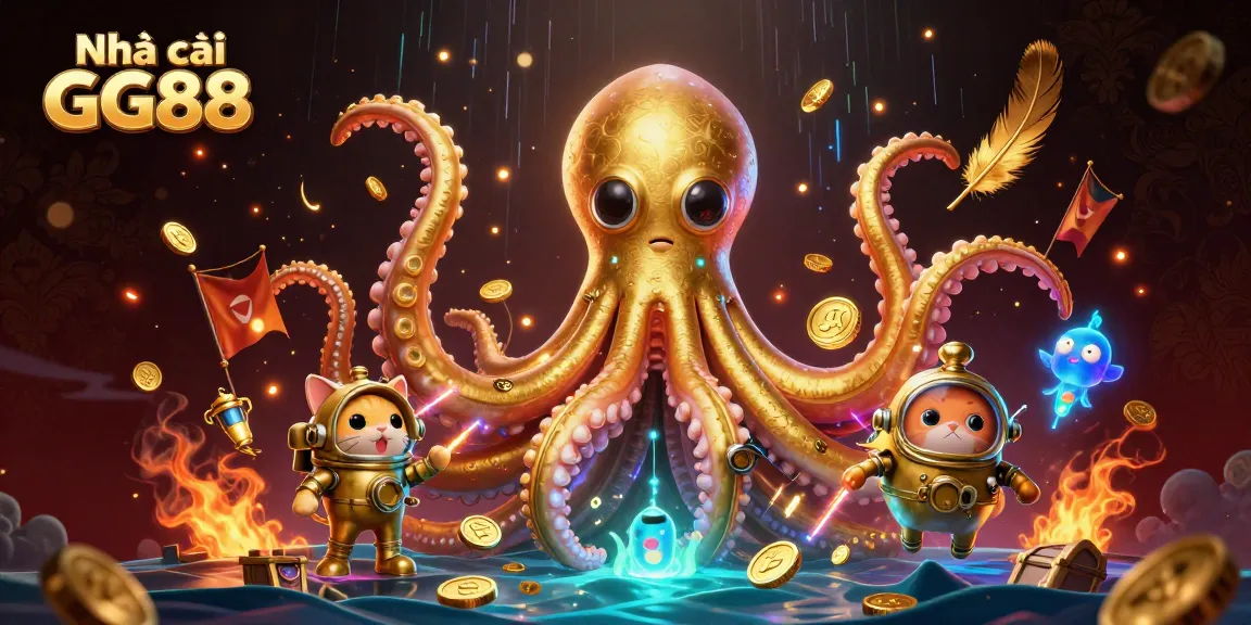 Engage in thrilling gaming at Nhà cái GG88 while encountering a colossal kraken and a diving cat in a treasure-filled ocean.