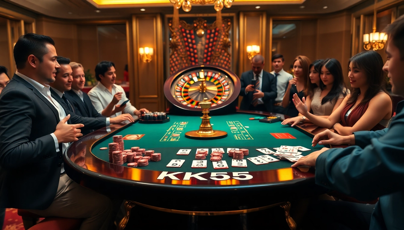 Experience the thrill of poker at the KK55 casino with excited players at the table.