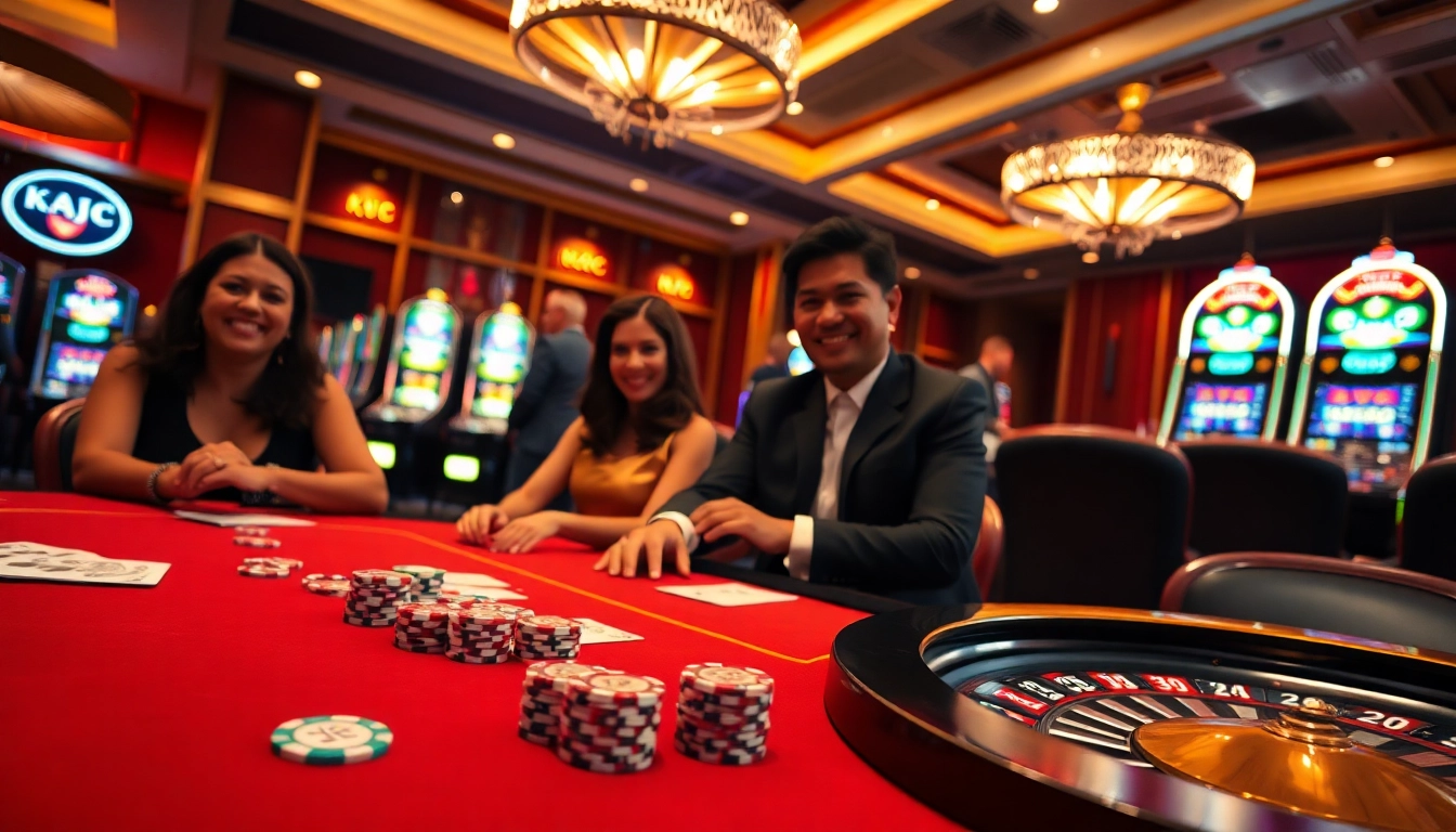 KJC branded casino environment with a lively poker table and vibrant slot machines.