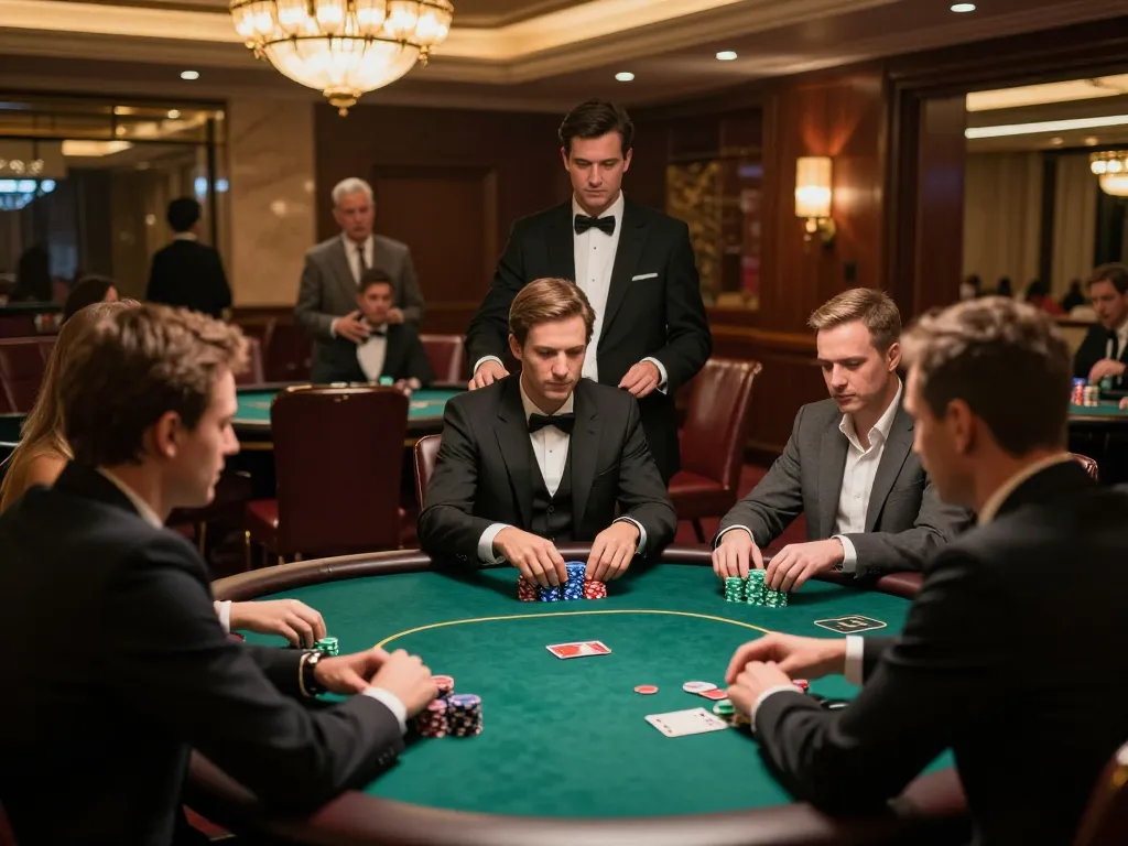 The high-stakes poker game at https://11win.nl/ showcases strategic player bets and a luxurious casino setting.