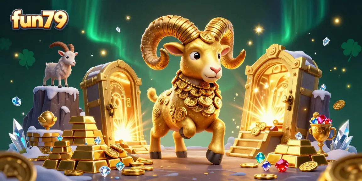 Engage with fun79's thrilling casino scene, featuring a golden ram charging through treasures and games.