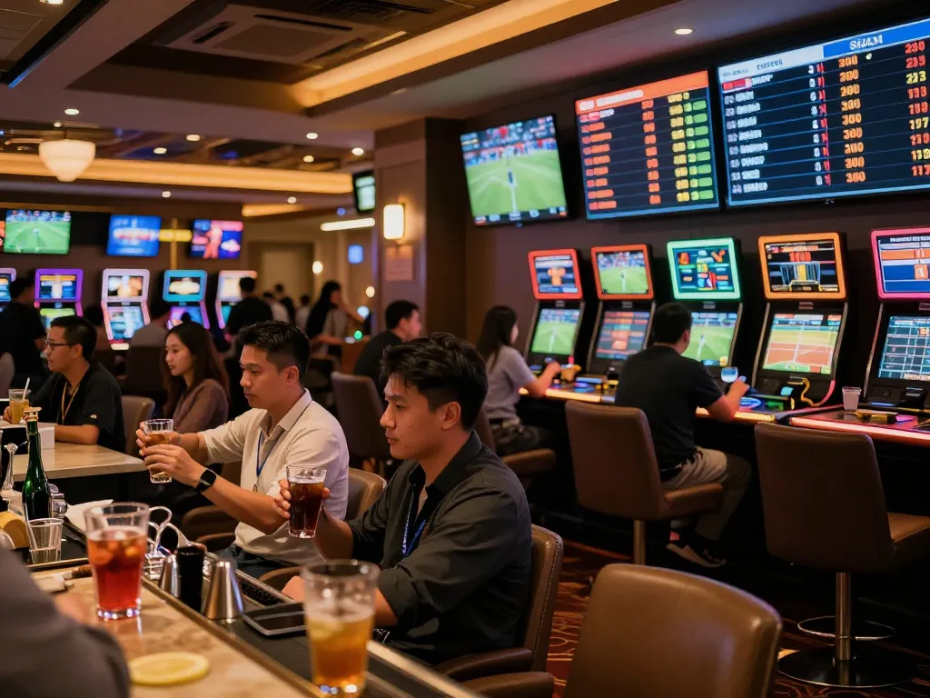 Excited patrons engaging in kèo nhà cái betting in a lively sports lounge setting