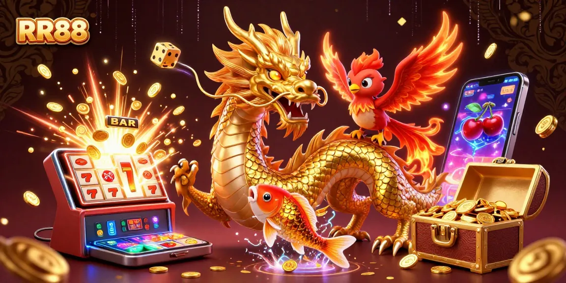 Engage with RR88's vibrant 3D dragon, phoenix, and koi fish amid a sea of coins and thrilling casino elements.