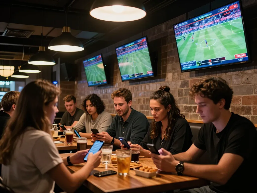 Engaged sports bettors discussing tỷ lệ kèo nhà cái hôm nay in a vibrant sports bar with multiple screens.