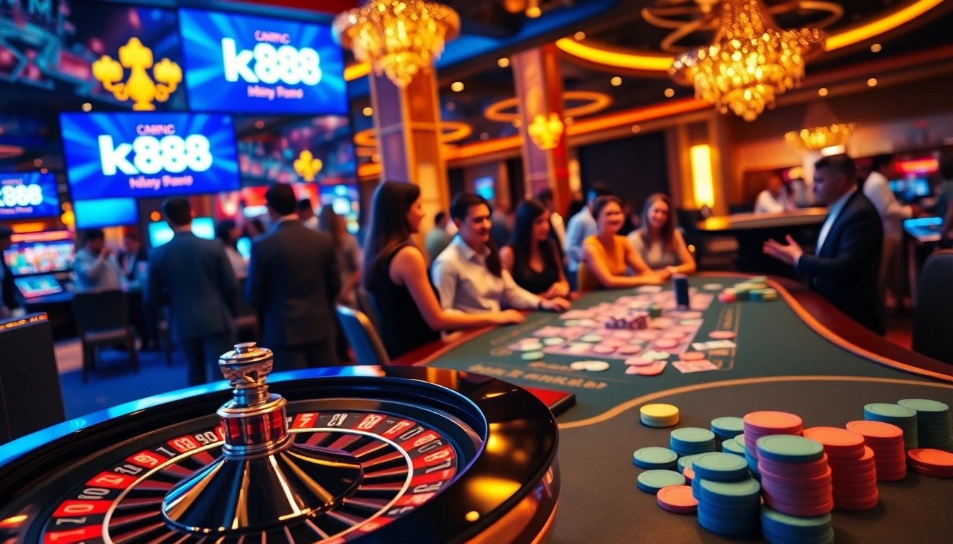 Engaging scene of players enjoying games at kjc rr88 casino, showcasing poker chips and vibrant roulette.