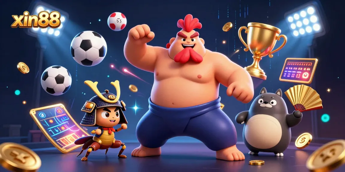 Experience xin88 excitement with a powerful sumo rooster and samurai cricket in a thrilling sports-themed casino scene.