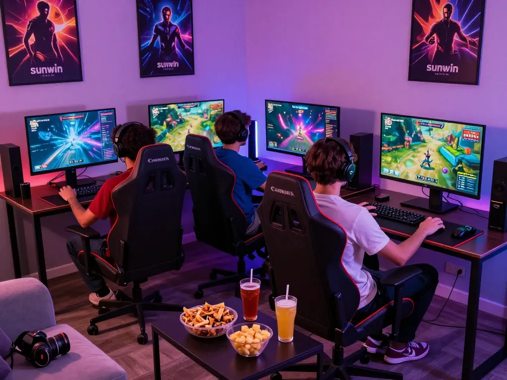 Players enjoying Sunwin's online gaming experience in a lively and modern setup