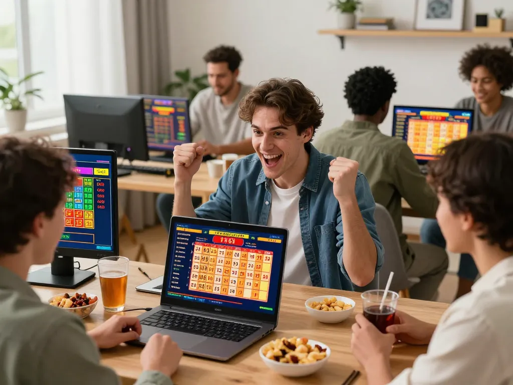 Excited players engaging in lô đề online betting from home with live lottery screens.