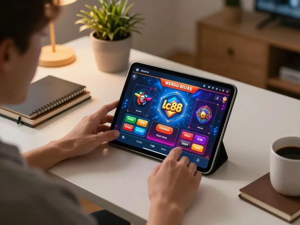 Engaged player exploring lc88 online casino games on a tablet at home with a cozy atmosphere.