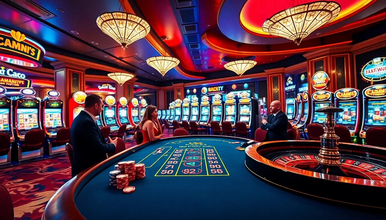 Experience excitement at LC88 casino with a luxurious interior featuring roulette and poker.
