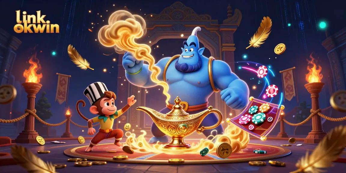 Experience the thrill of gaming with link okwin featuring a vibrant illustration of a genie, monkey, and magic carpet!
