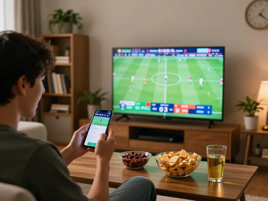 Socolive user engaging in sports betting at home, showcasing excitement on smartphone and big screen.