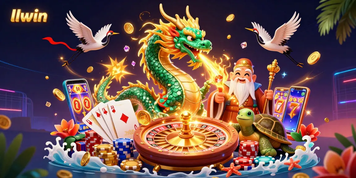 Experience llwin's vibrant casino magic with a jade dragon, lucky cranes, and dynamic game elements.