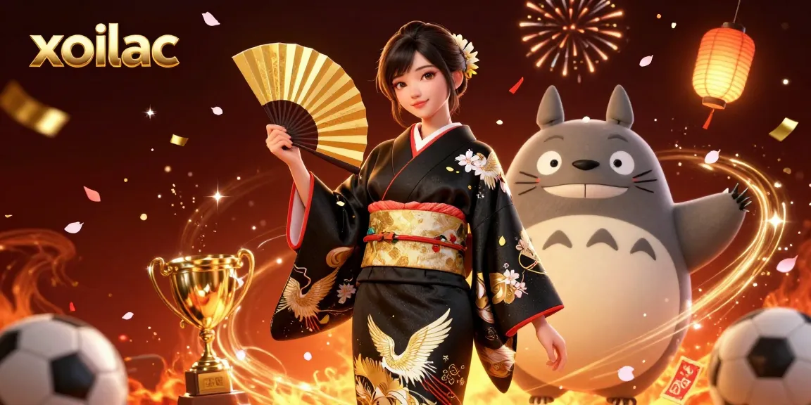Xoilac showcases an exciting sports betting scene featuring a kimono-clad woman and a tanuki amidst vibrant, dynamic elements.