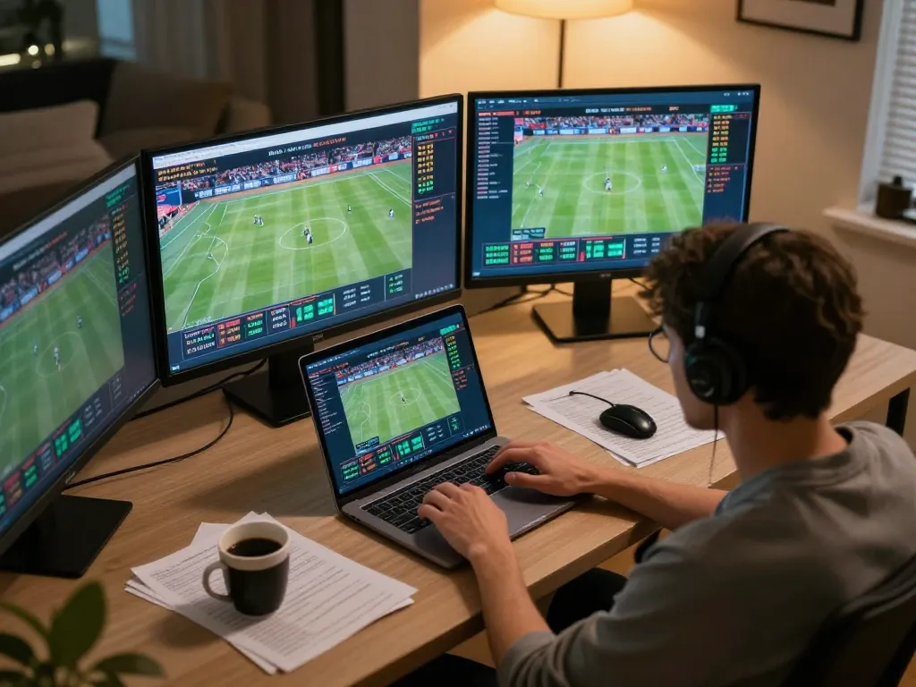 Engaged bettor analyzing kèo nhà cái odds on a laptop in a cozy home office environment