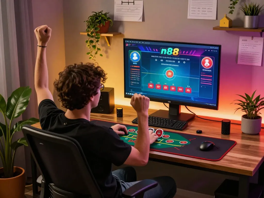 N88 players engaging in a live dealer blackjack game, celebrating a big win.
